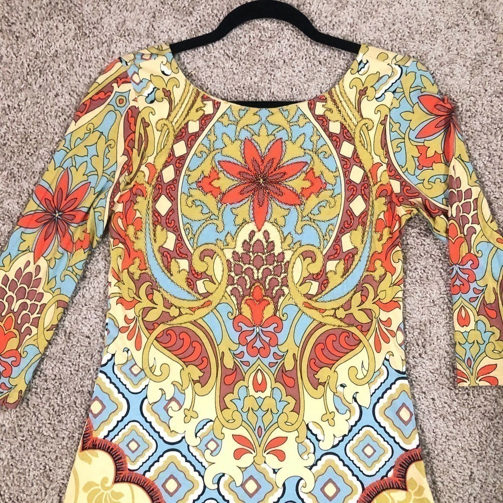Joyous & Free Paisley Beaded 3/4 Sleeve Scoop Back Stretch Knit Shift Dress XS - Picture 2 of 14
